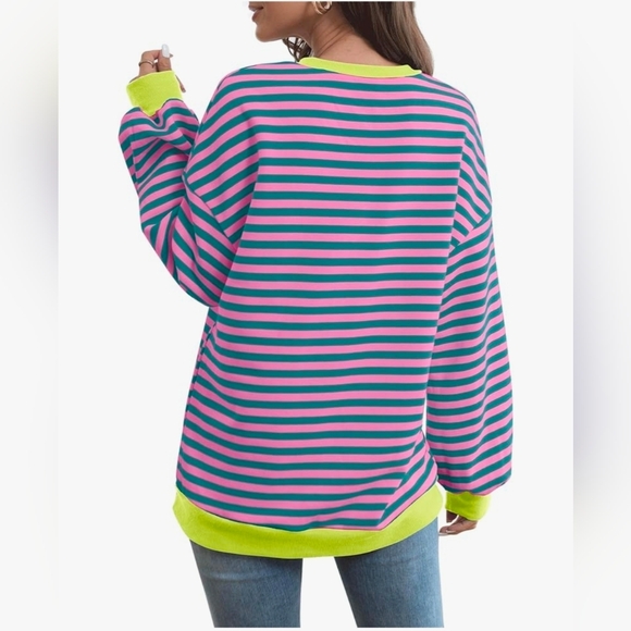 NWOT Womens Crewneck Oversized Sweatshirt Striped Color Tops Long Sleeve Size S - Picture 2 of 4